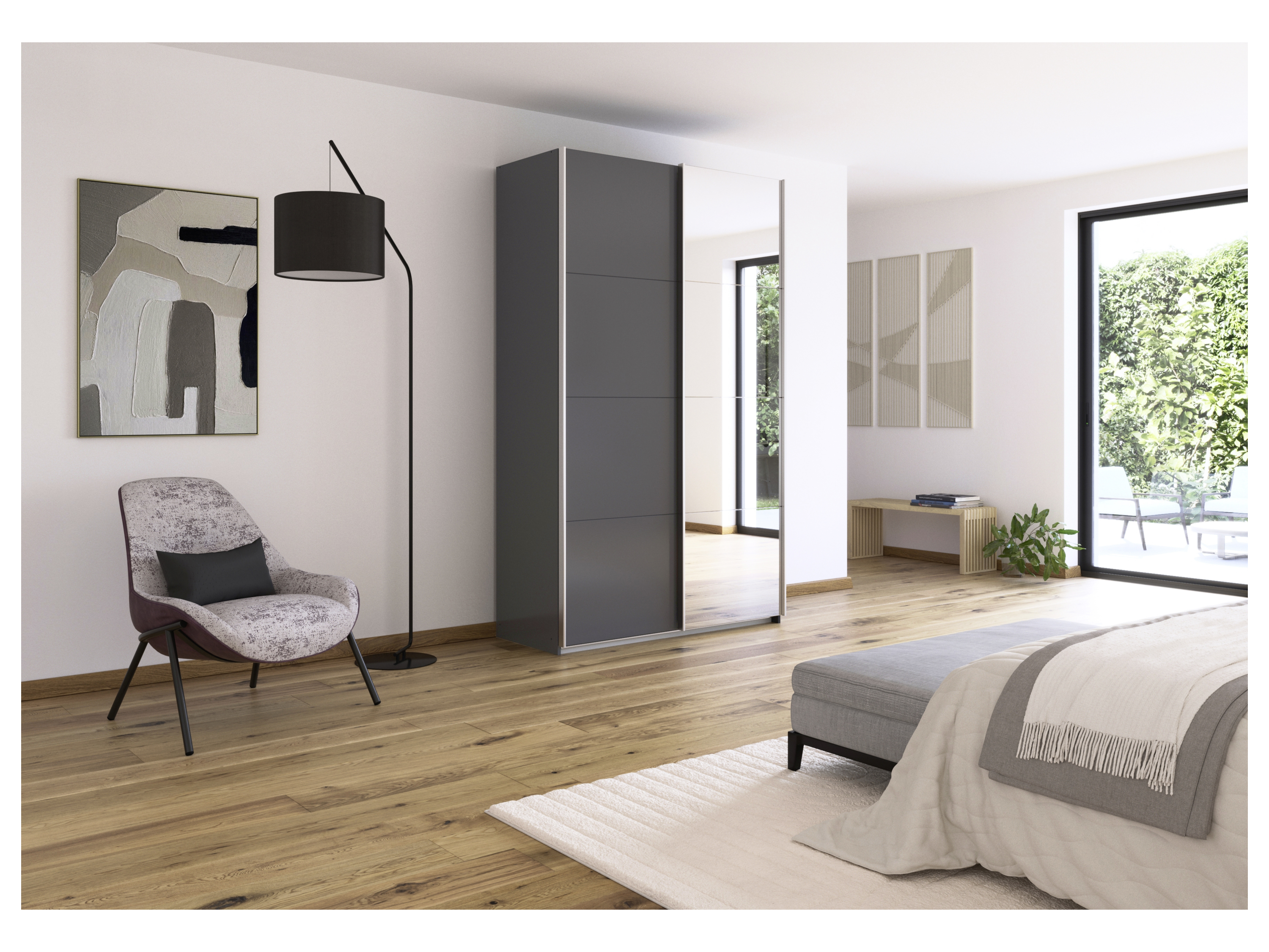 RAUCH ORANGE Quadra Schwebetürenschrank mit Spiegelelementen (Premium-Zubehör, Korpus: Graumetallic, 136 x 230 cm) – Bild 2 von 4