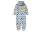 Ein blauer Regenoverall mit Kapuze für Kinder, mit einem Muster aus fröhlichen Gesichtern.