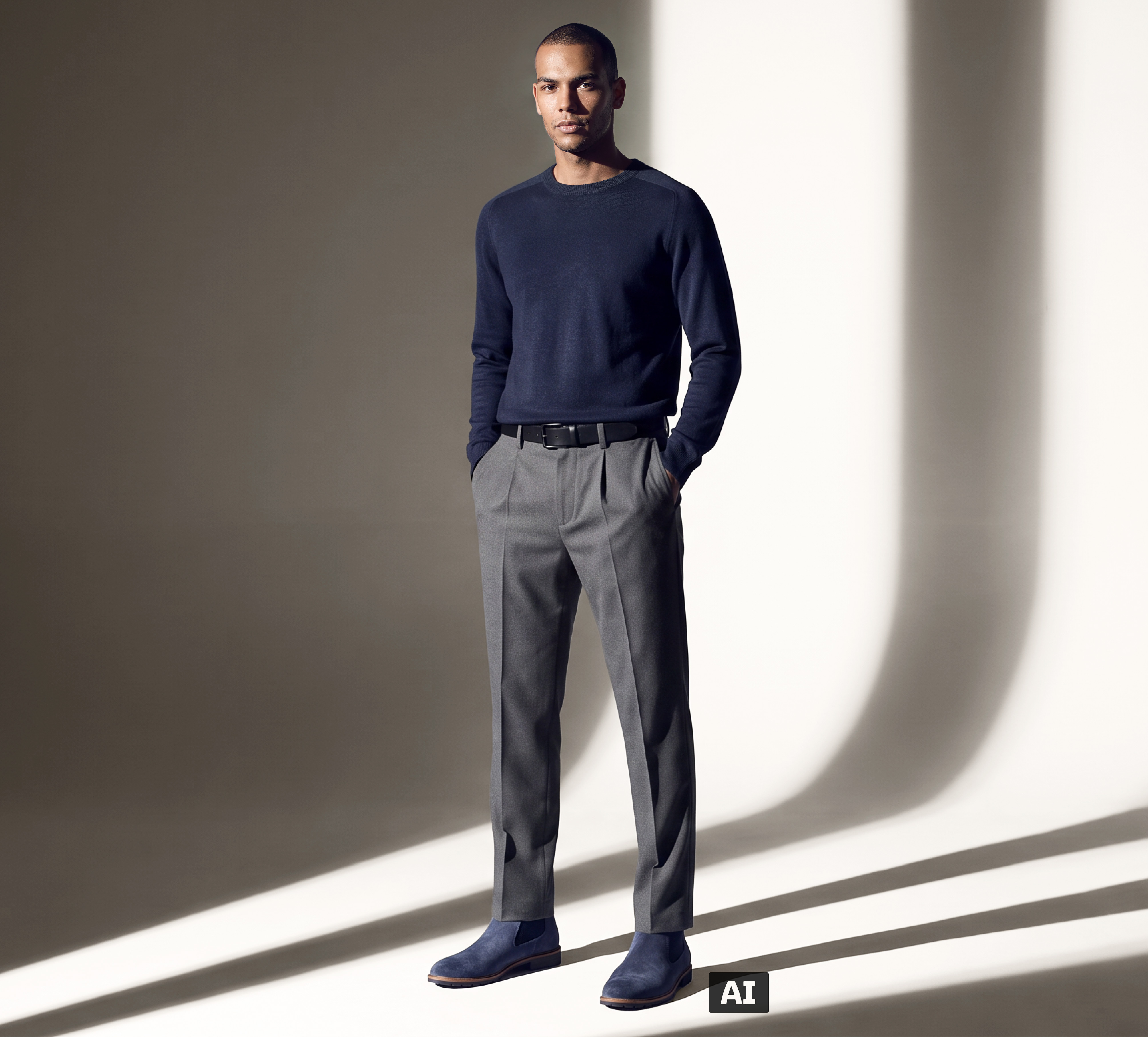Dieses Bild ist KI-generiert: Ein männliches Model trägt die Boots in der Farbe Navy.