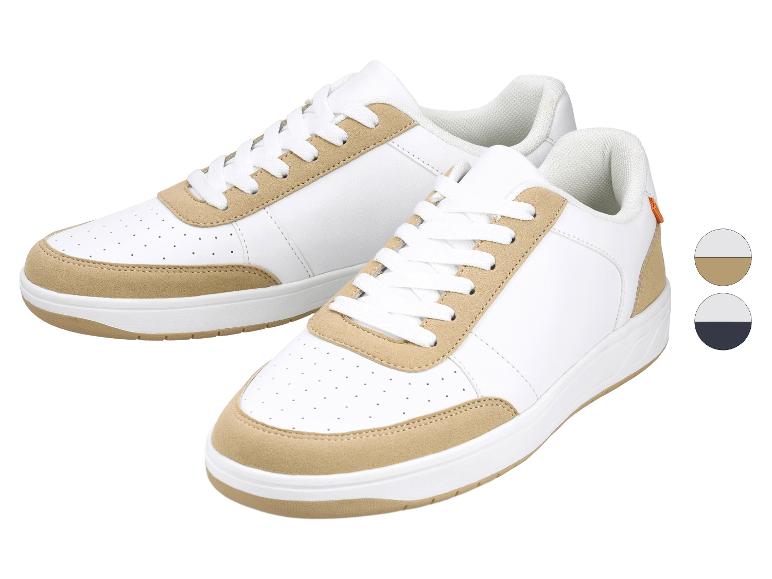 Weiße Sneaker mit beigen Details und Schnürsenkeln, mit Farbmustern für Beige und Dunkelblau.