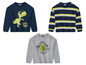 Drei Jungenpullover mit Dinosauriern und Streifen.