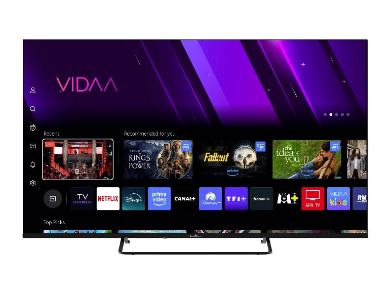 Smart-TV mit Startbildschirm, der Streaming-Apps und Empfehlungen anzeigt.