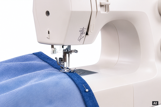 Nahaufnahme der Nähmaschinennadel, die dicken blauen Jeansstoff näht