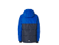 Zweifarbige Kinder-Steppjacke in Blau und Dunkelgrau, Rückansicht.