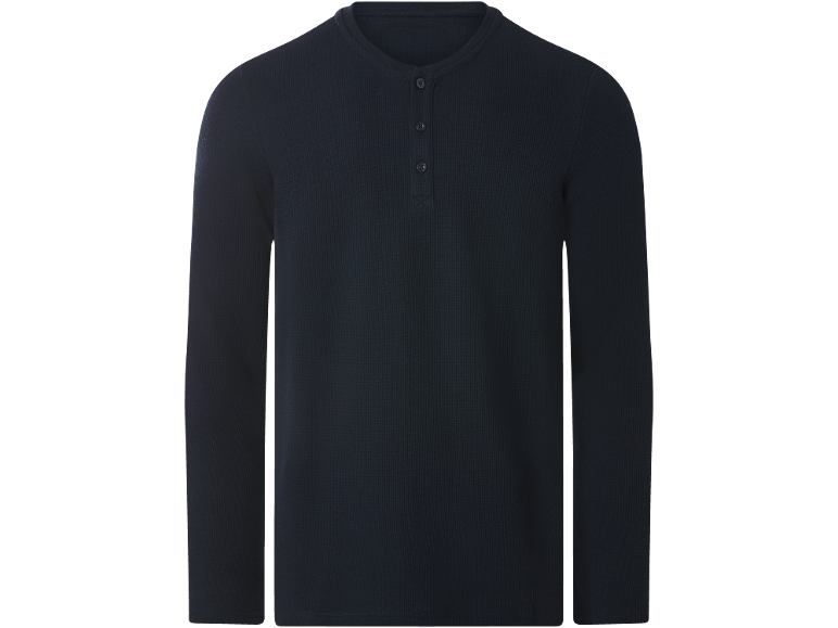 Dunkelblaues Langarm-Henley-Shirt für Herren mit Waffelstrick-Textur und drei Knöpfen.