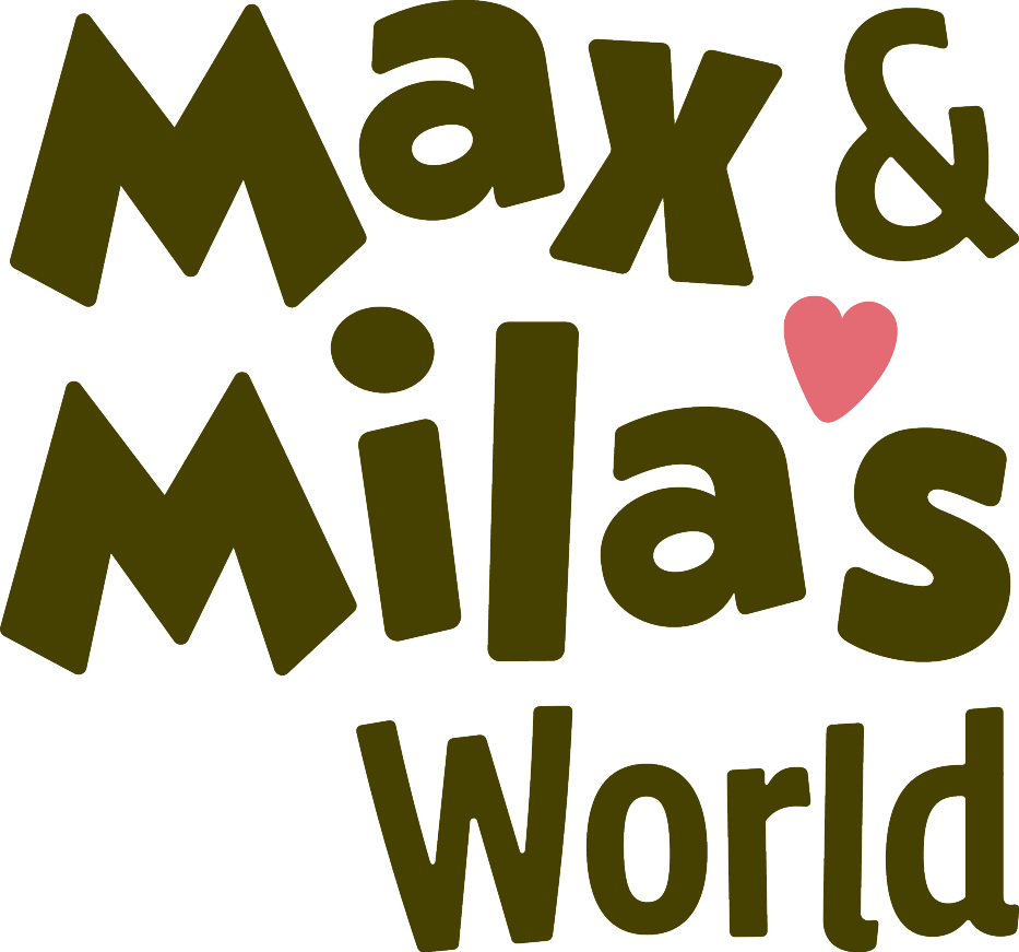 Max & Mila's World Logo mit einem rosa Herz.