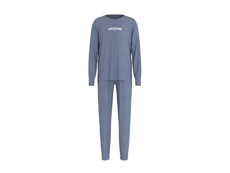 Blauer zweiteiliger Damen-Freizeitanzug mit WEEKEND VIBES-Schriftzug
