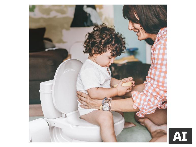 Kleinkind auf dem BABYGO Toiletten Trainer Potty mit Unterstützung der Mutter. [KI-generiertes Bild]