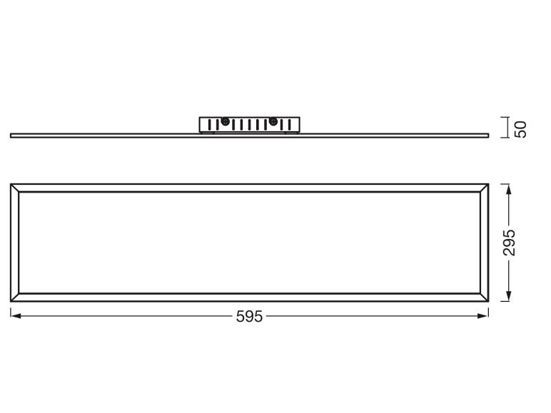 Technische Zeichnung einer rechteckigen Leuchte mit den Maßen 595x295x50 mm.