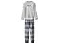 Grauer Pyjama mit dem Schriftzug „JUST RELAX“ und karierter Hose.