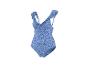 Blauer geblümter Einteiler-Badeanzug mit Rüschen an den Trägern.