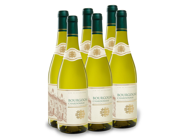 Sechs Flaschen Weißwein Bourgogne Chardonnay.
