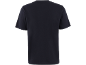 Rückseite eines dunkelblauen Herren-T-Shirts mit kurzen Ärmeln.