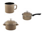 Eine Emaille-Tasse, ein kleiner Topf und ein größerer Topf mit Deckel.