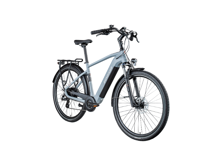 Graues E-Citybike mit Gepäckträger und Schutzblechen.