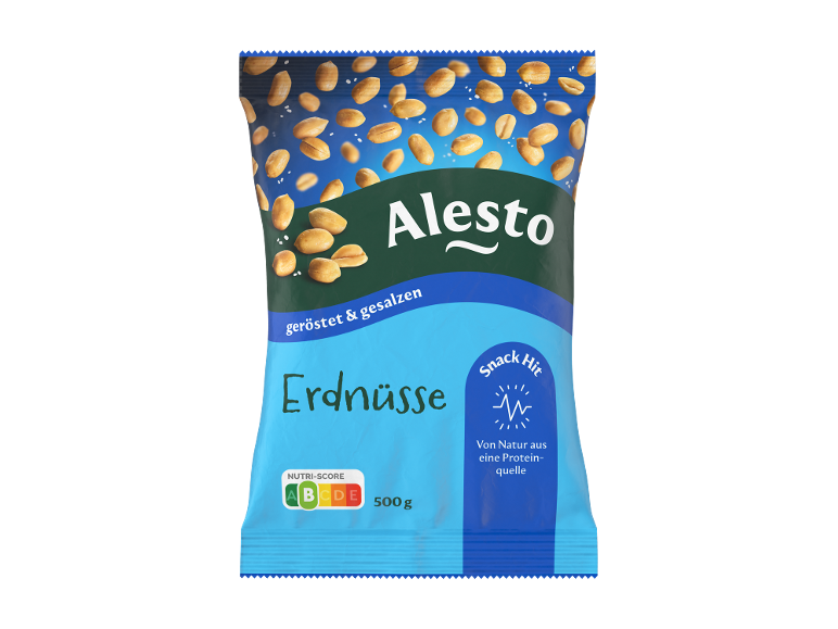 Tüte geröstete und gesalzene Erdnüsse, Nutri-Score B, 500 g.