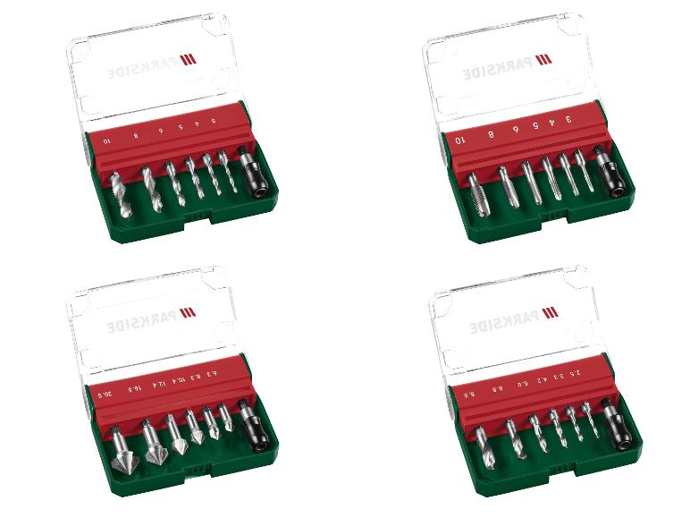 Parkside Bohrer- und Bit-Sets in transparenten Boxen.