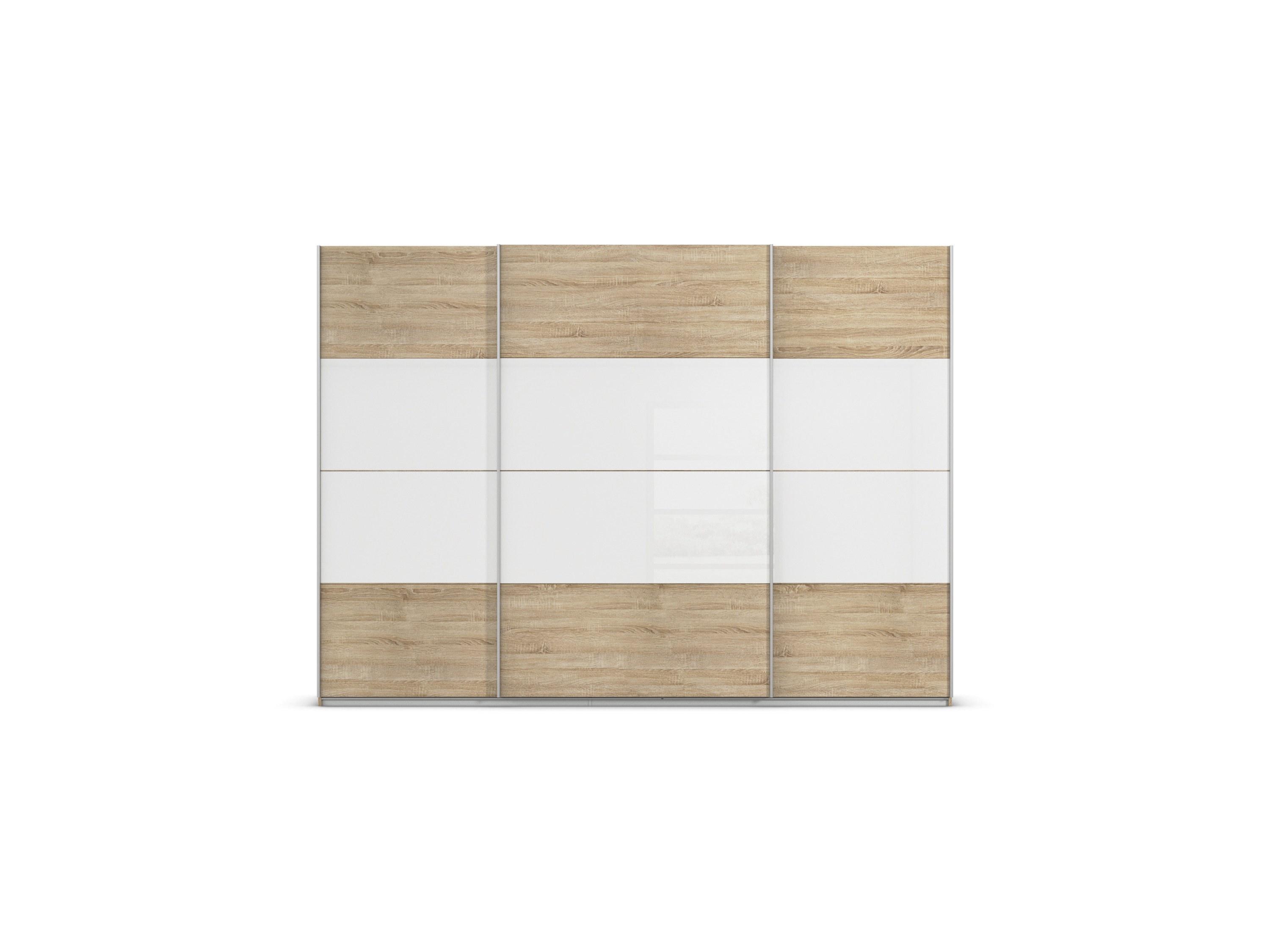 RAUCH ORANGE Quadra Schwebetürenschrank mit Glaselementen (Classic-Zubehör, Korpus:Eiche, Glas:Weiß, 315 x 230 cm)
