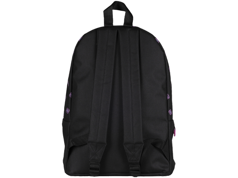 Rückansicht eines schwarzen Rucksacks mit lila Mustern und verstellbaren Schultergurten