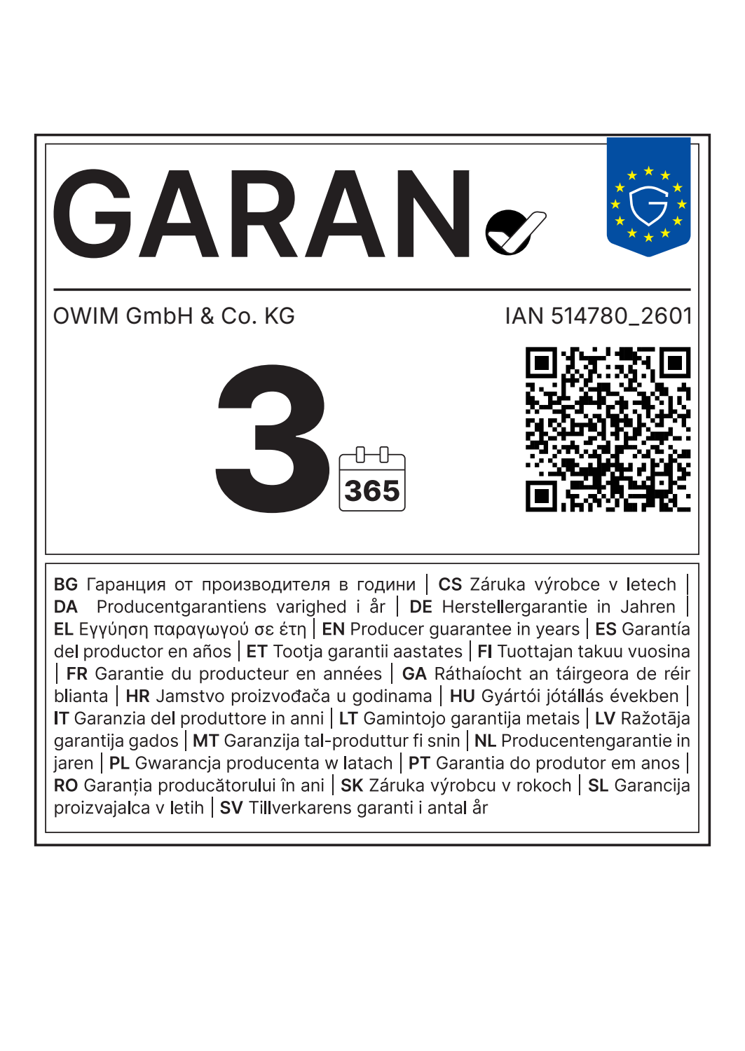 Garantiesiegel mit dem Text GARAN, der Zahl 3 und dem Code IAN 514780_2601.