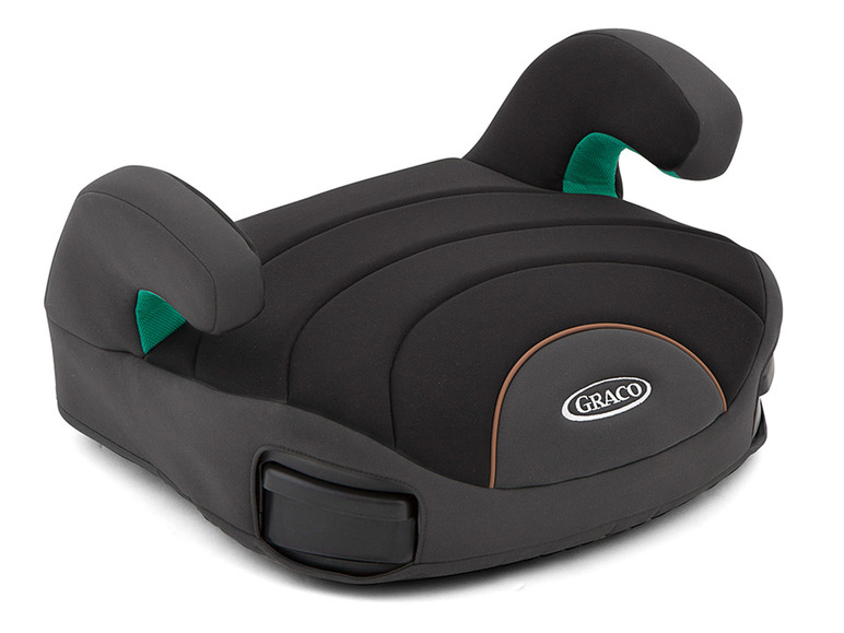 Ein schwarzer Graco Autositz mit grünen Akzenten.