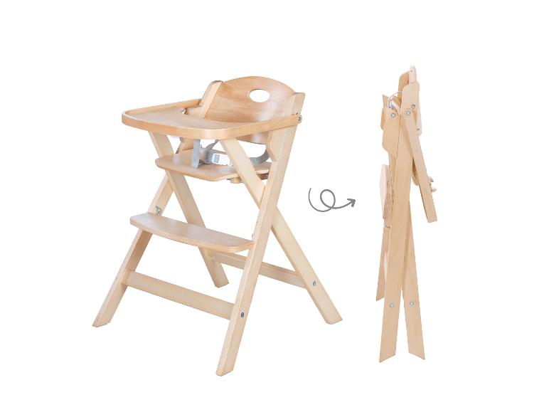Klappbarer Hochstuhl aus Holz für Babys in zwei Positionen: offen und zusammengeklappt