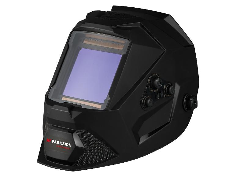 Schwarzer Automatik-Schweißhelm mit lila Schutzscheibe und seitlichen Bedienelementen.