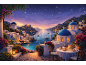 Illustration eines romantischen Abendessens auf einer Terrasse in Santorini unter Sternenhimmel.