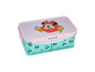 Eine blaue Lunchbox mit Minnie Mouse und Eiscreme.