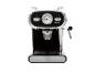 Schwarze und silberne Espressomaschine mit Manometer und Dampfdüse.