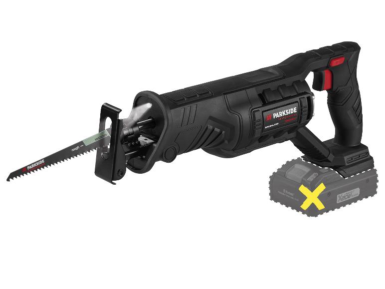 Eine schwarze Akku-Säbelsäge mit Holzsägeblatt und abnehmbarem Akku.