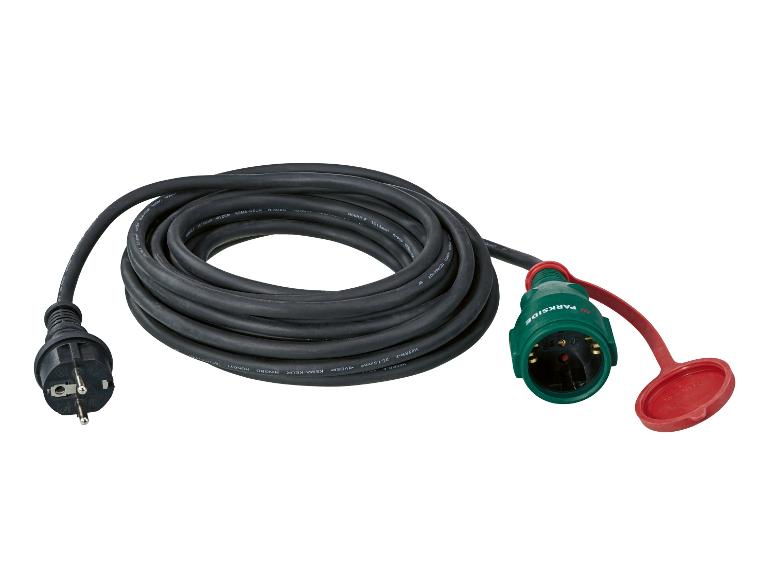 Schwarzes Verlängerungskabel mit grünem und rotem Stecker und Buchse