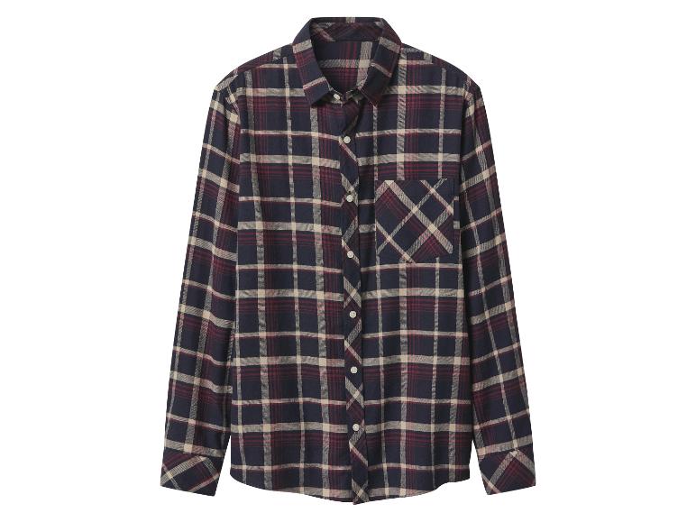 Dunkelblaues, rotes und beiges kariertes Langarmhemd.