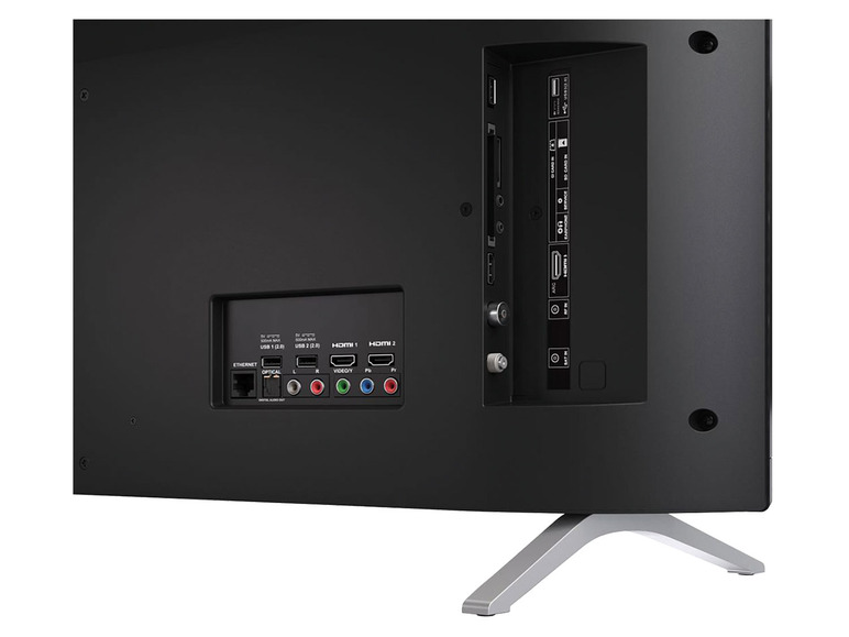 Rückseite eines Fernsehers mit HDMI-, USB-, Ethernet- und optischen Anschlüssen.