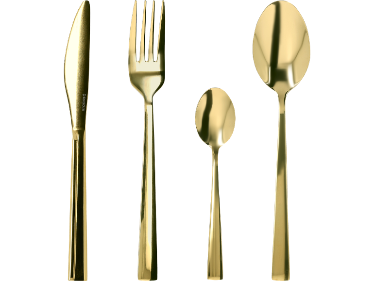 Goldfarbenes, vierteiliges Besteckset auf schwarzem Hintergrund.
