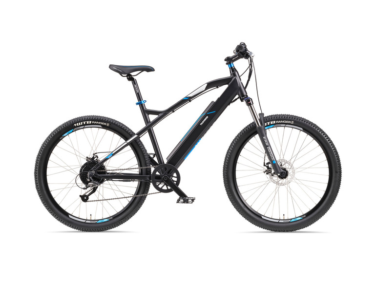 Ein schwarzes Telefunken Aufsteiger E-Mountainbike mit WTB Ranger Reifen.
