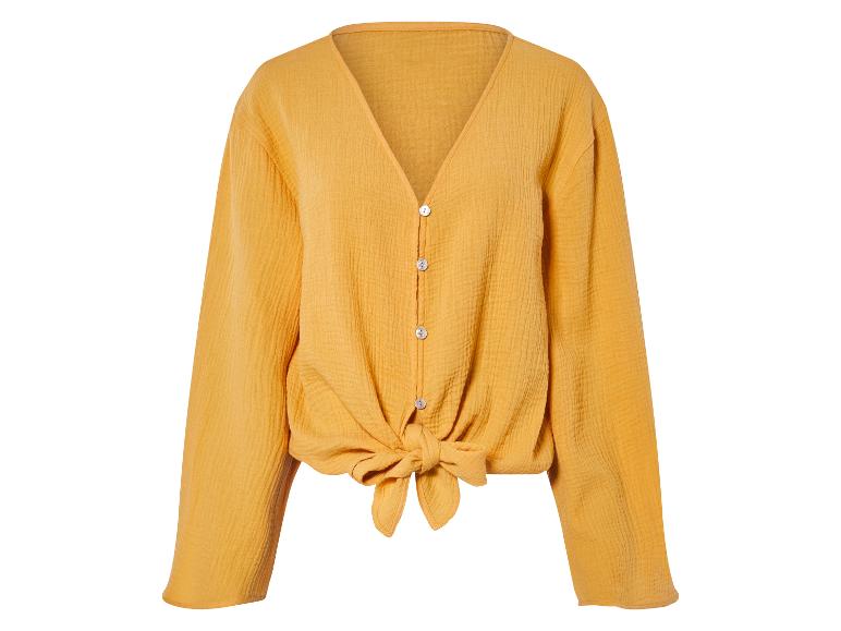 Senfgelbes, geknöpftes Hemd mit Bindegürtel, lange Ärmel.