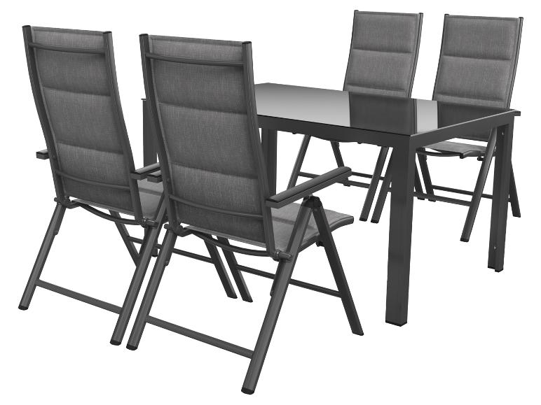 Gartenmöbel-Set: grauer Tisch mit Glasplatte und vier klappbare Stühle mit Armlehnen.