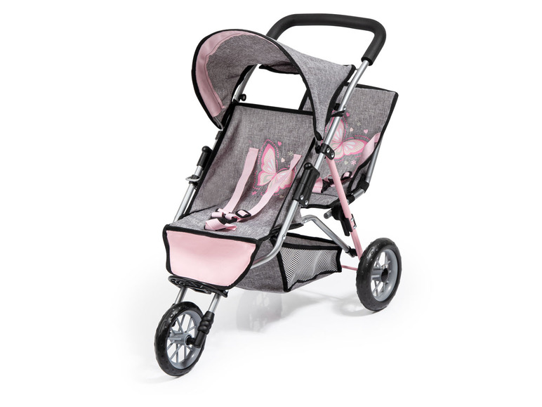 Ein rosa und grauer Kinderwagen mit Schmetterlingsmuster.