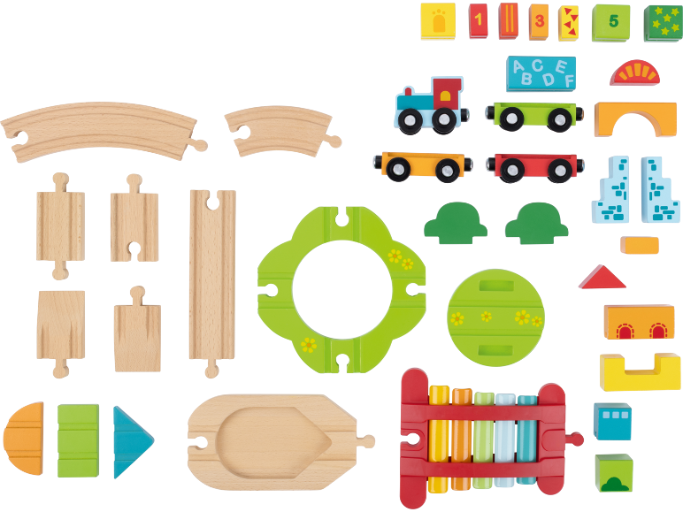 Holzspielzeug-Set mit Eisenbahnschienen, Zug, Bausteinen und Xylophon.