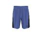 Blaue Sportshorts mit schwarzen Seitenpaneelen und einem schwarzen Logo am rechten Bein.
