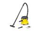 Gelber Nass- und Trockensauger mit Schlauch, Rohr, Bodendüse, Fugendüse und Filtertüte.