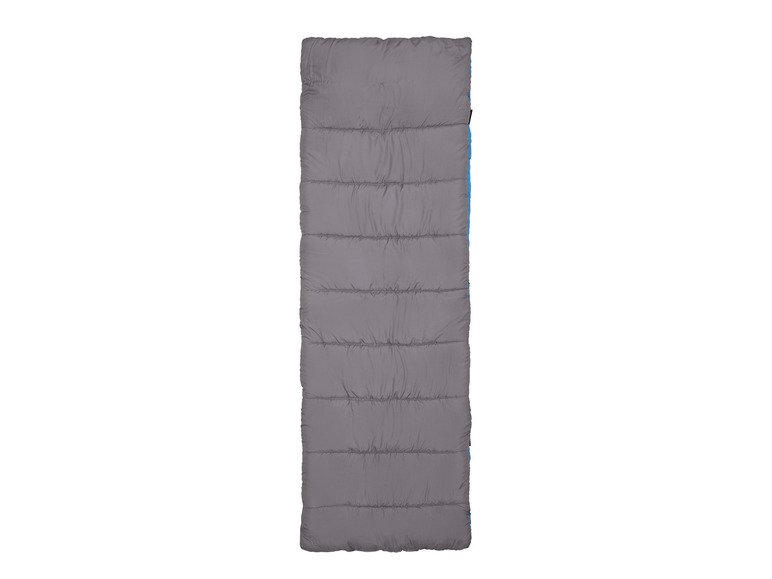 Ein grauer Schlafsack mit blauen Akzenten.