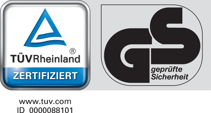 Zertifiziertes Sicherheitssiegel: ZERTIFIZIERT, GS geprüfte Sicherheit, www.tuv.com, ID 0000088101.