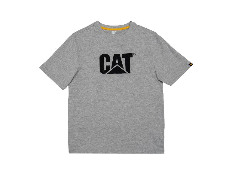 Graues T-Shirt mit kurzen Ärmeln und großem schwarzem Aufdruck auf der Brust.