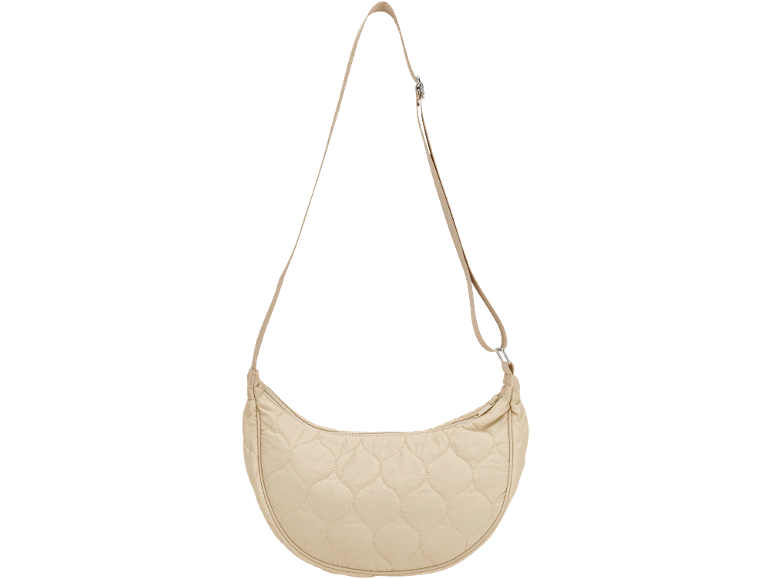 Beige gesteppte Umhängetasche mit verstellbarem Riemen.