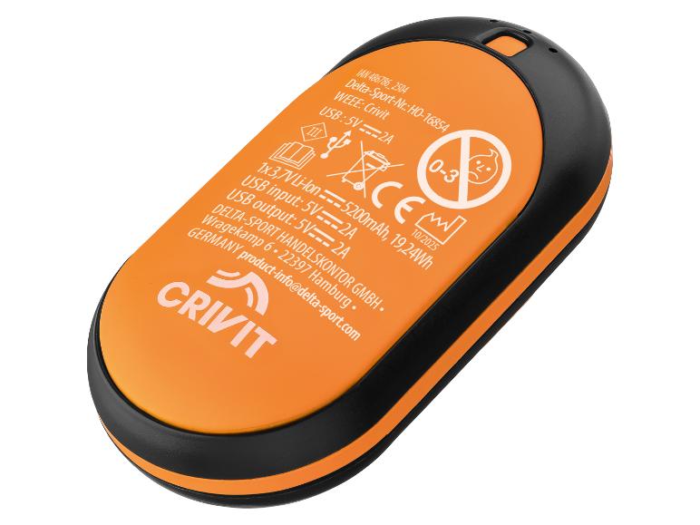 Orange-schwarze Crivit Powerbank mit Produktinformationen und Sicherheitssymbolen.