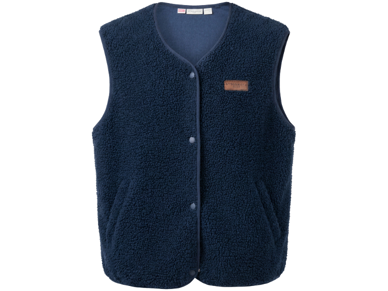 Dunkelblaue Teddy-Weste mit Druckknöpfen.