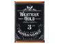 Western Gold Bourbon Whiskey-Etikett, 3 Jahre gereift, mit Adler und dekorativem Text.