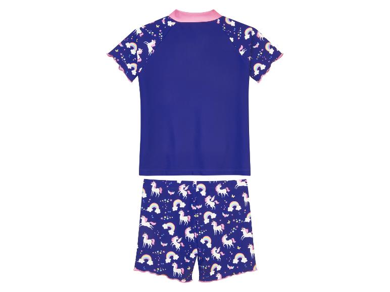 Zweigeteilter Badeanzug für Mädchen: dunkelblaues Oberteil und Unterteil mit Einhorn-Regenbogen-Motiv.